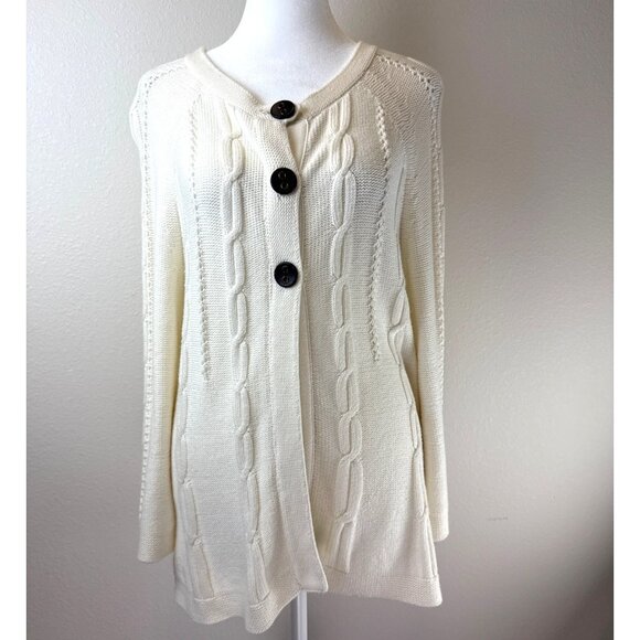 Eddie Bauer Ivory 3 Button Women Cable Knit Fisherman Cottagecore Cardigan Med - Picture 1 of 12